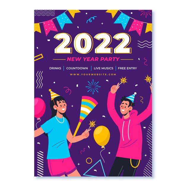 Modello di poster verticale piatto capodanno disegnato a mano con persone alla festa