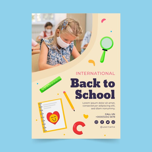Modello di poster verticale piatto di ritorno a scuola