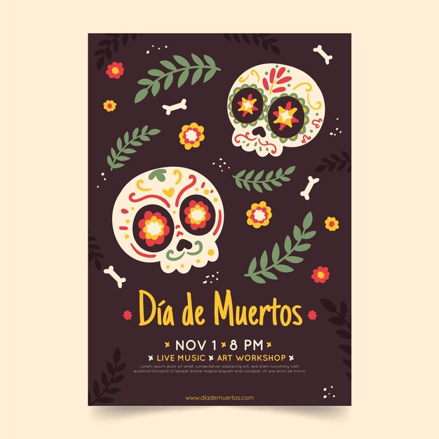 Modello di poster verticale piatto dia de muertos disegnato a mano
