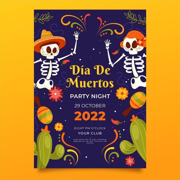 Modello di poster verticale piatto dia de muertos disegnato a mano