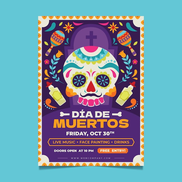 Modello di poster verticale piatto dia de muertos disegnato a mano