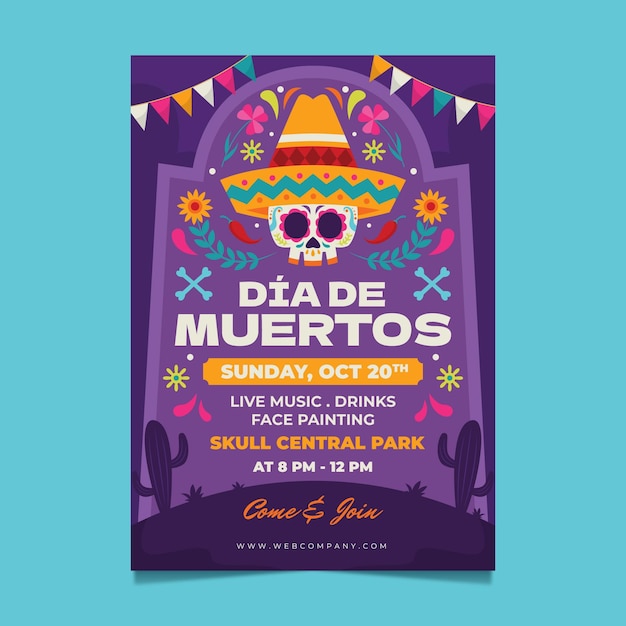 Modello di poster verticale piatto dia de muertos disegnato a mano