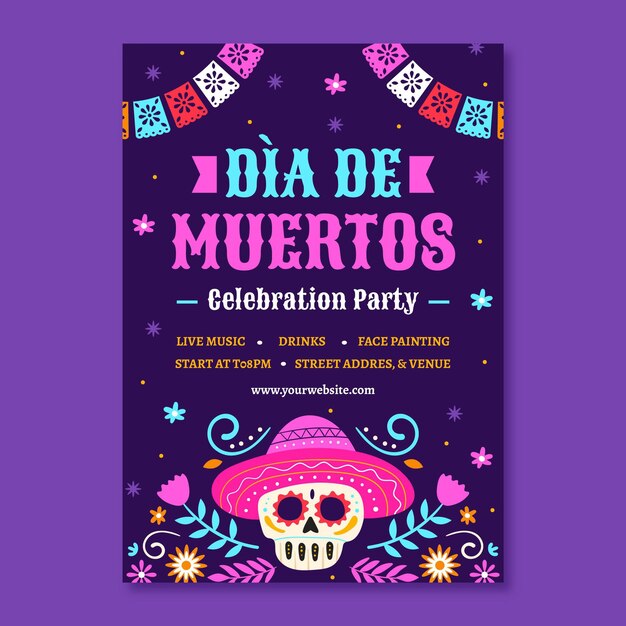 Modello di poster verticale piatto dia de muertos disegnato a mano