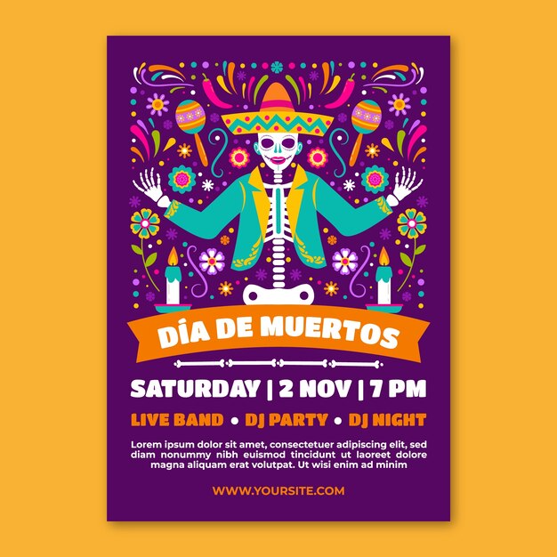 Modello di poster verticale piatto dia de muertos