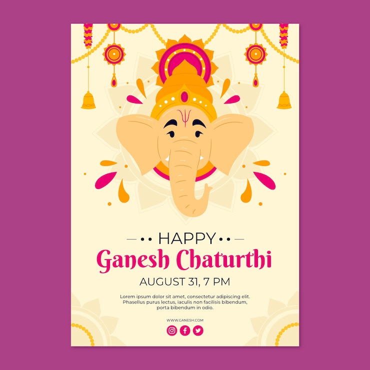 Vettore gratuito modello di poster verticale piatto ganesh chaturthi con elefante
