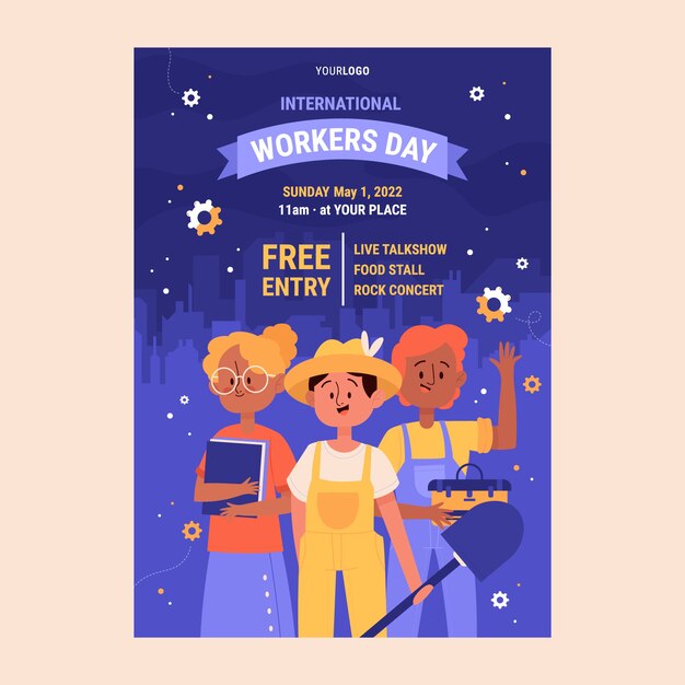 Modello di poster verticale piatto giornata internazionale dei lavoratori