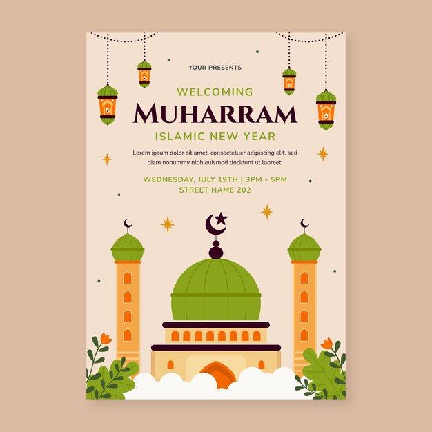 Modello di poster verticale piatto per la celebrazione del capodanno islamico