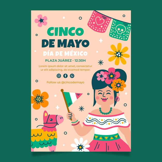 Modello di poster verticale piatto per la celebrazione del cinco de mayo