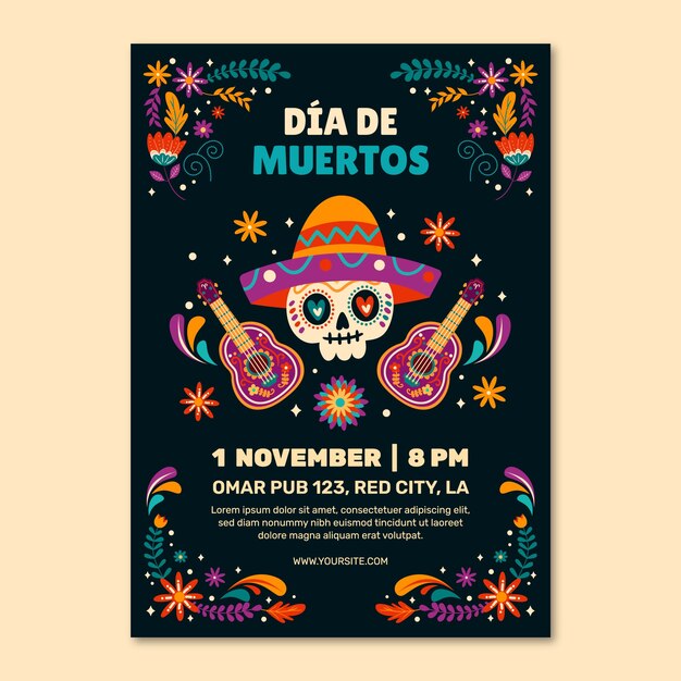 Modello di poster verticale piatto per la celebrazione del dia de muertos