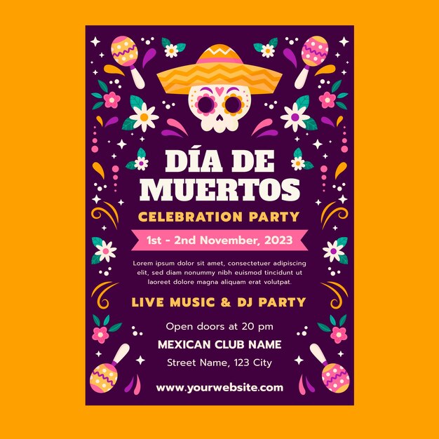 Modello di poster verticale piatto per la celebrazione del dia de muertos