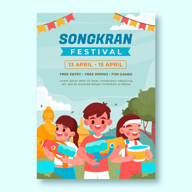 Modello di poster verticale piatto per la celebrazione del festival dell'acqua songkran