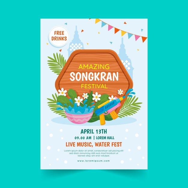 Modello di poster verticale piatto per la celebrazione del festival dell'acqua songkran