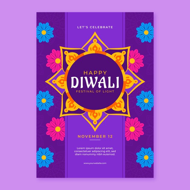 Modello di poster verticale piatto per la celebrazione del festival indù di diwali