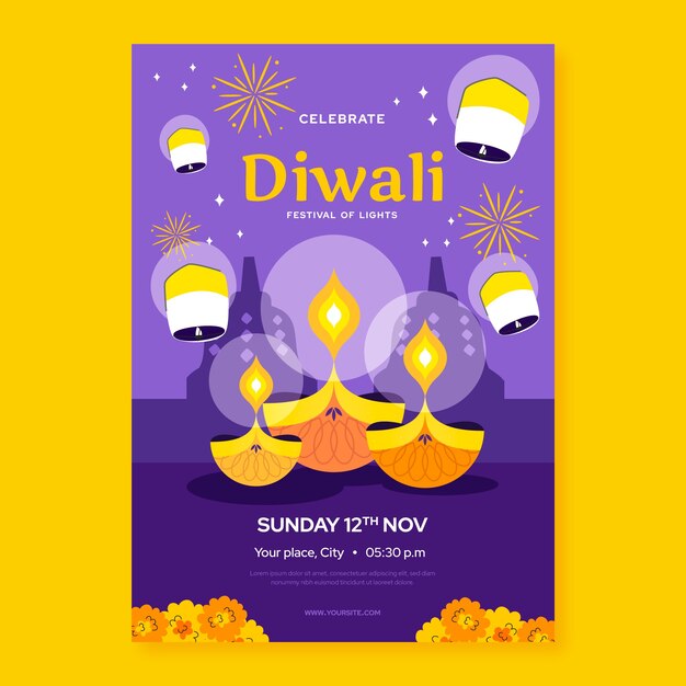 Modello di poster verticale piatto per la celebrazione del festival indù di diwali