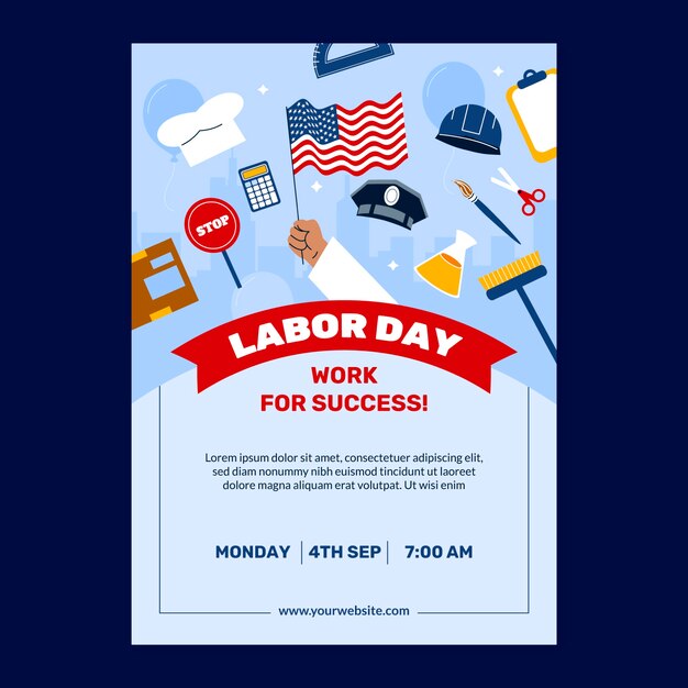 Modello di poster verticale piatto per la celebrazione della festa del lavoro americana
