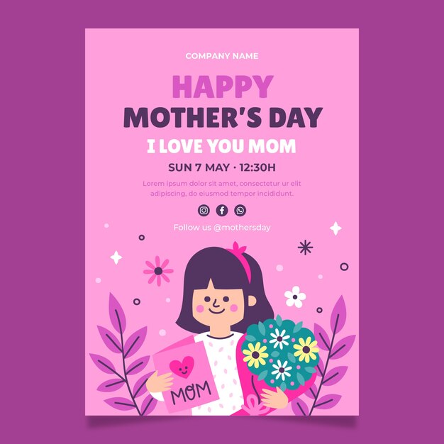 Modello di poster verticale piatto per la celebrazione della festa della mamma