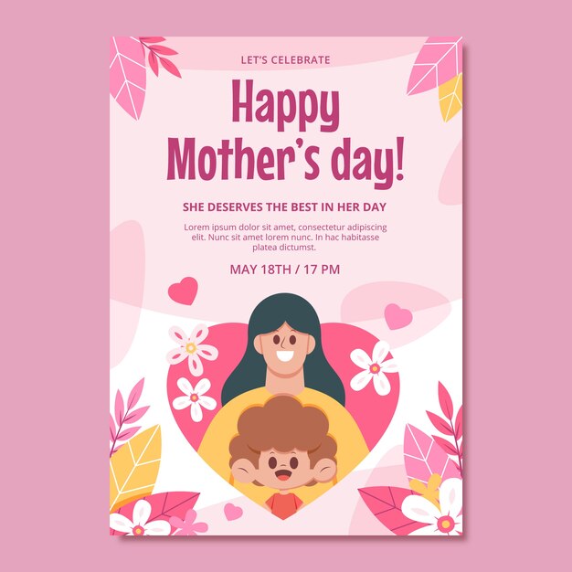 Modello di poster verticale piatto per la celebrazione della festa della mamma