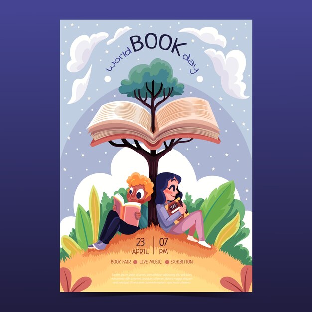 Modello di poster verticale piatto per la celebrazione della giornata mondiale del libro