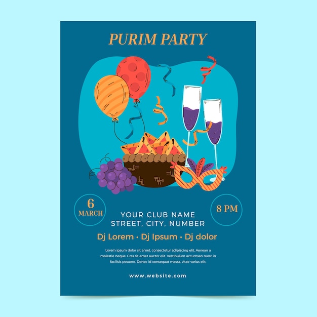 Modello di poster verticale piatto per la celebrazione delle vacanze purim