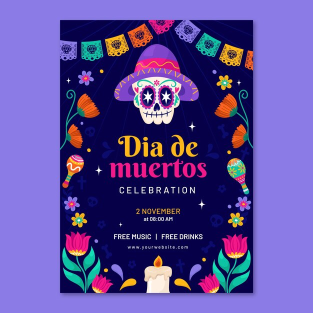 Modello di poster verticale piatto per la celebrazione dia de muertos