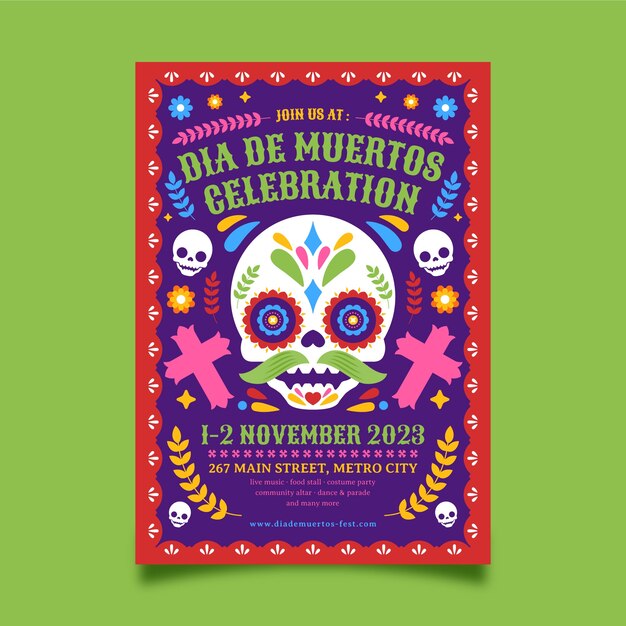 Modello di poster verticale piatto per la celebrazione dia de muertos