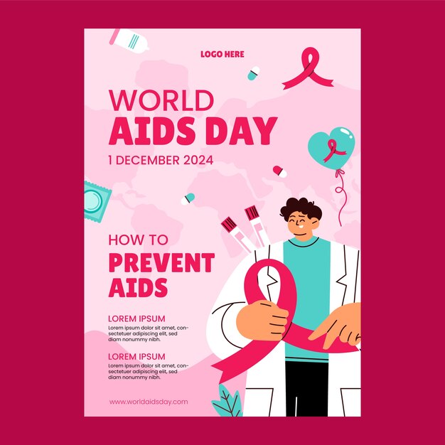 Modello di poster verticale piatto per la consapevolezza della giornata mondiale contro l'aids con il medico che tiene il nastro