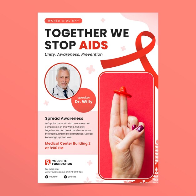 Modello di poster verticale piatto per la consapevolezza della giornata mondiale contro l'aids con la mano che mostra il segno