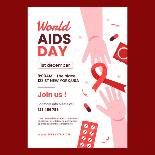 Modello di poster verticale piatto per la consapevolezza della giornata mondiale contro l'aids