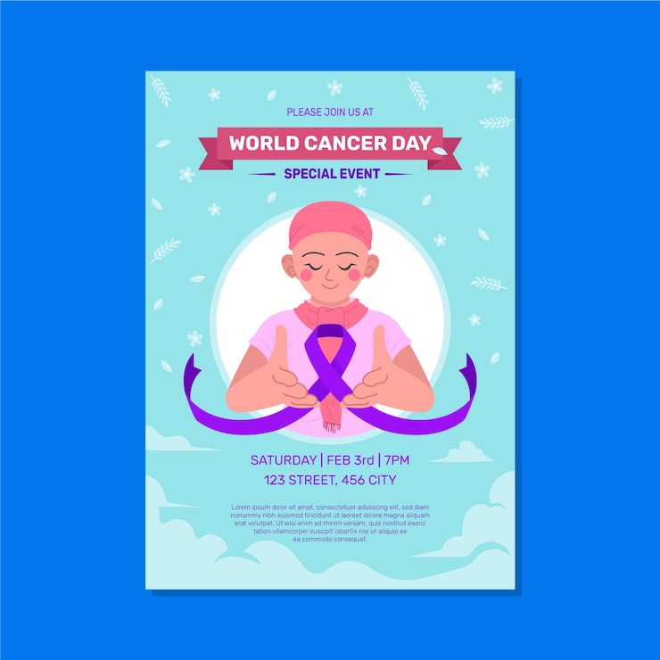 Vettore gratuito modello di poster verticale piatto per la consapevolezza della giornata mondiale del cancro