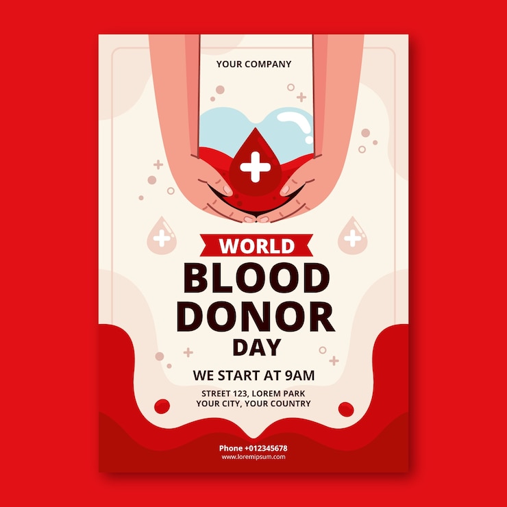 Vettore gratuito modello di poster verticale piatto per la giornata mondiale del donatore di sangue