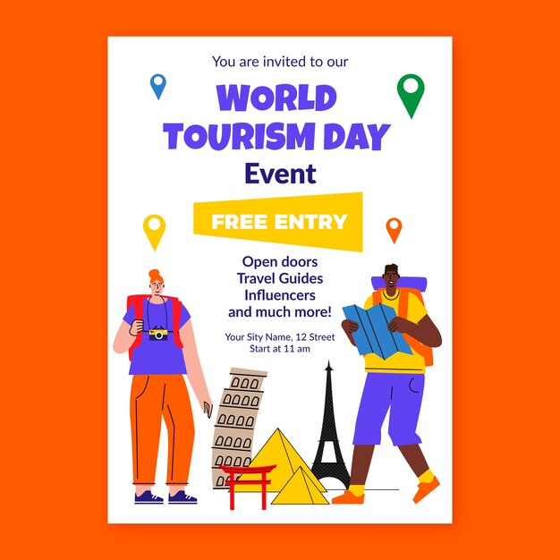 Modello di poster verticale piatto per la giornata mondiale del turismo