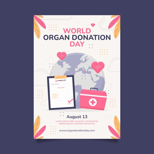 Modello di poster verticale piatto per la giornata mondiale della donazione di organi