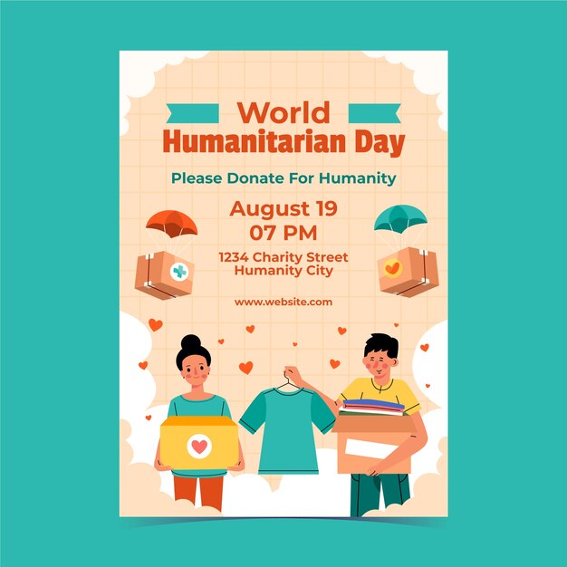 Modello di poster verticale piatto per la giornata umanitaria mondiale