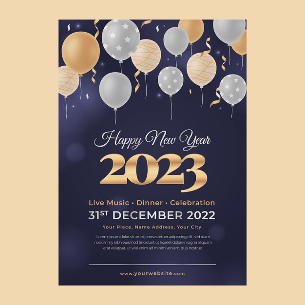 Modello di poster verticale realistico per il nuovo anno 2023