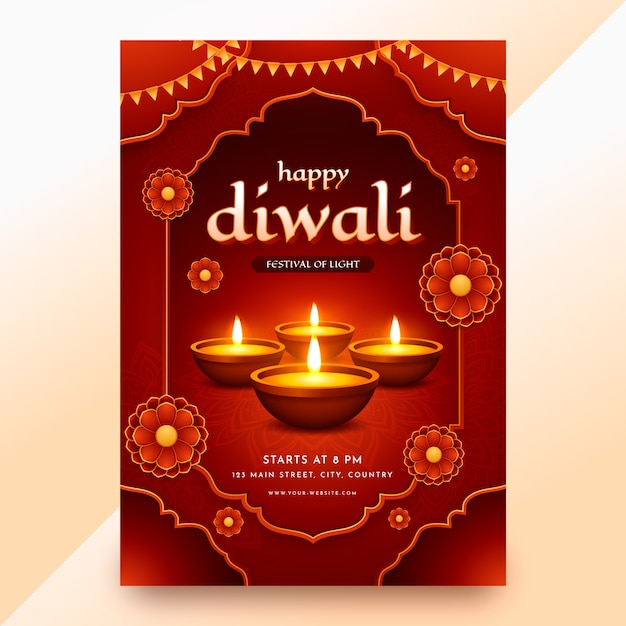 Modello di poster verticale realistico per la celebrazione del festival indù di Diwali
