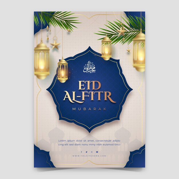 Modello di poster verticale realistico per la celebrazione islamica di eid al-fitr