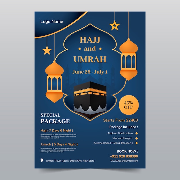 Modello di poster verticale sfumato per il pellegrinaggio religioso hajj