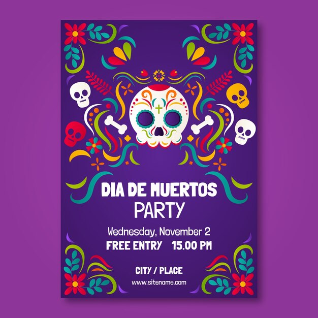 Modello di poster verticale sfumato per la celebrazione del dia de muertos