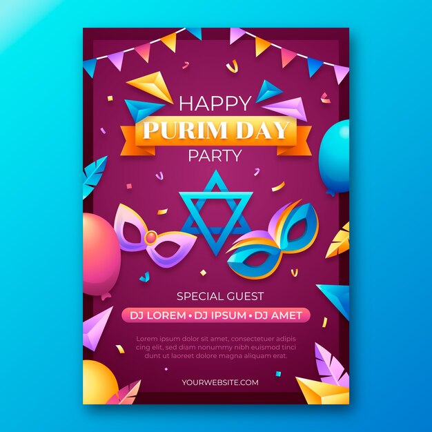 Modello di poster verticale sfumato per la celebrazione delle vacanze purim