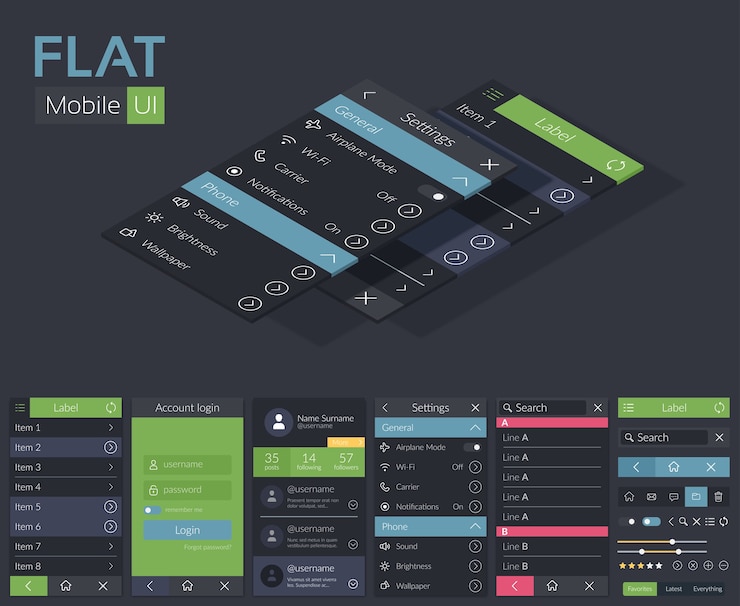 Vettore gratuito modello di progettazione dell'interfaccia utente piatta mobile con diversi pulsanti icone schermate ed elementi per l'applicazione mobile