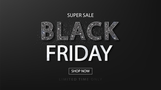 Modello di progettazione di vendita del Black Friday per le vendite con testo glitterato. Banner vettoriale per negozi, web.