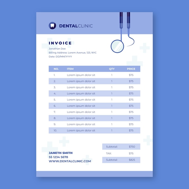Modello di rapporto fattura clinica dentale design piatto