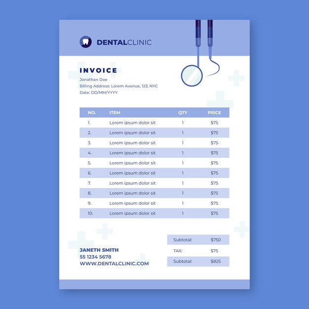 Modello di rapporto fattura clinica dentale design piatto