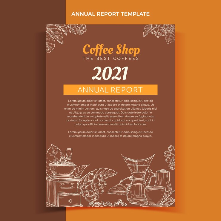 Vettore gratuito modello di relazione annuale della caffetteria con incisione disegnata a mano