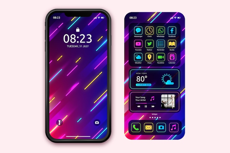 Vettore gratuito modello di schermata iniziale al neon per smartphone
