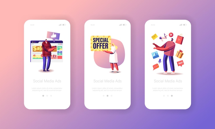 Vettore gratuito modello di schermo integrato della pagina dell'app mobile per annunci, saldi, offerte speciali sui social media