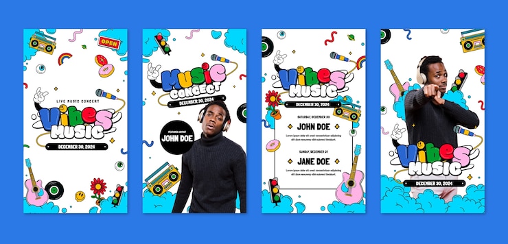 Vettore gratuito modello di storie instagram per concerti musicali