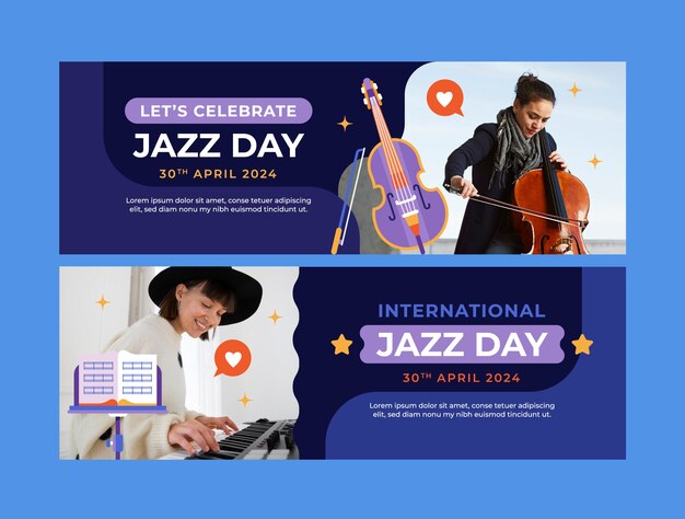 modello di striscione orizzontale piatto per la celebrazione della musica del giorno mondiale del jazz