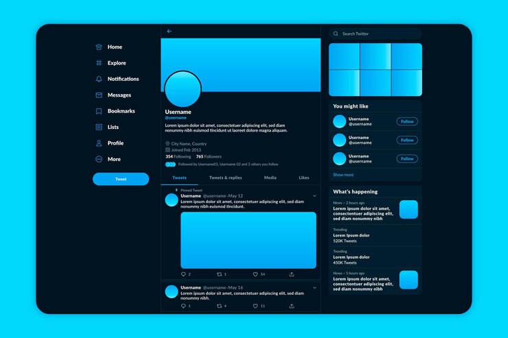 Vettore gratuito modello di tema scuro dell'interfaccia twitter