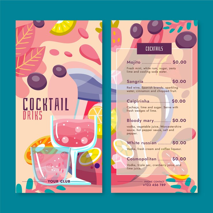 Vettore gratuito modello di volantino cocktail design piatto disegnato a mano